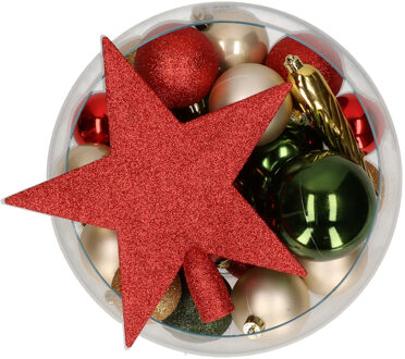 Bellatio Decorations Set 33x stuks kunststof kerstballen met ster piek rood/champagne/groen