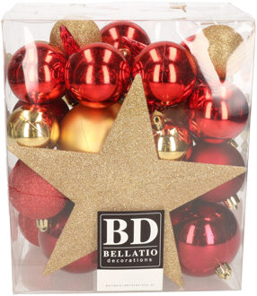 Bellatio Decorations set 33x stuks kunststof kerstballen met ster piek rood en goud - Kerstbal Goudkleurig