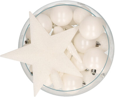 Bellatio Decorations set 33x stuks kunststof kerstballen met ster piek wit