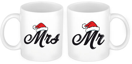 Bellatio Decorations Set van 2x mokken Mr en Mrs kerstmuts cadeau mok / beker wit voor koppels 300 ml - Bekers