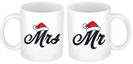 Bellatio Decorations Set van 2x mokken Mr en Mrs kerstmuts cadeau mok / beker wit voor koppels 300 ml