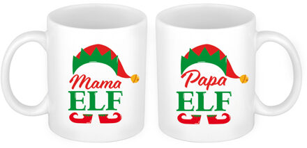 Bellatio Decorations Set van 2x mokken Pappa en Mama Elf koffiemok / theebeker kerstcadeau ouders 300 ml - Bekers Wit