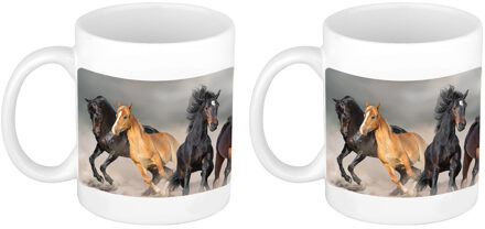 Bellatio Decorations Set van 2x stuks dravende zwarte / witte paarden mok / beker wit 300 ml