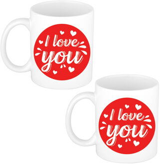Bellatio Decorations Set van 2x stuks I love you cadeau mokken / bekers wit cirkel met hartjes 300 ml