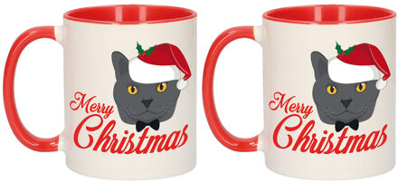 Bellatio Decorations Set van 2x stuks Merry Christmas kerstcadeau kerstmokken rood met grijze kat 300 ml