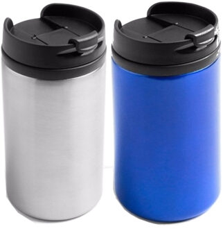 Bellatio Decorations Set van 2x stuks Warmhoudbekers/warm houd bekers metallic grijs en blauw 320 ml - Thermosbeker