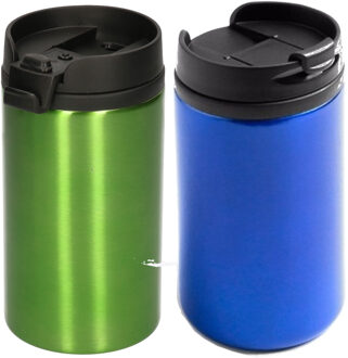 Bellatio Decorations Set van 2x stuks Warmhoudbekers/warm houd bekers metallic groen en blauw 320 ml - Thermosbeker