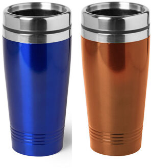 Bellatio Decorations Set van 2x stuks Warmhoudbekers/warm houd bekers metallic oranje en blauw 450 ml