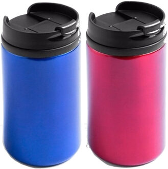 Bellatio Decorations Set van 2x stuks Warmhoudbekers/warm houd bekers metallic rood en blauw 320 ml - Thermosbeker