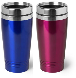 Bellatio Decorations Set van 2x stuks Warmhoudbekers/warm houd bekers metallic roze en blauw 450 ml