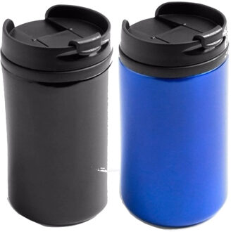 Bellatio Decorations Set van 2x stuks Warmhoudbekers/warm houd bekers metallic zwart en blauw 300 ml - Thermosbeker