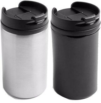 Bellatio Decorations Set van 2x stuks Warmhoudbekers/warm houd bekers metallic zwart en grijs 300 ml - Thermosbeker