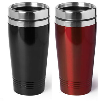 Bellatio Decorations Set van 2x stuks Warmhoudbekers/warm houd bekers metallic zwart en rood 450 ml - Thermosbeker