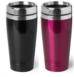 Bellatio Decorations Set van 2x stuks Warmhoudbekers/warm houd bekers metallic zwart en roze 450 ml - Thermosbeker