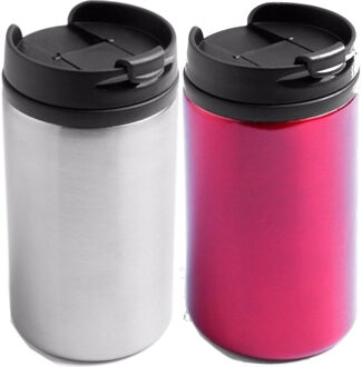 Bellatio Decorations Set van 2x Thermosbekers - warmhoud bekers - rood en zilver - 320 ml - Isolerende drinkbekers