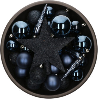 Bellatio Decorations Set van 33x stuks kunststof kerstballen met ster piek donkerblauw mix