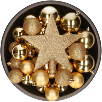 Bellatio Decorations Set van 33x stuks kunststof kerstballen met ster piek goud mix Goudkleurig