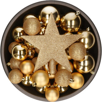 Bellatio Decorations Set van 33x stuks kunststof kerstballen met ster piek goud mix