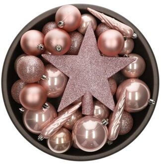 Bellatio Decorations Set van 33x stuks kunststof kerstballen met ster piek lichtroze (blush pink) mix - Kerstbal