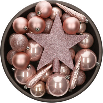 Bellatio Decorations Set van 33x stuks kunststof kerstballen met ster piek lichtroze (blush pink) mix