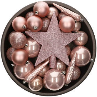 Bellatio Decorations Set van 33x stuks kunststof kerstballen met ster piek lichtroze (blush pink) mix
