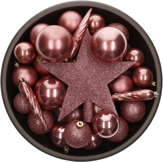 Bellatio Decorations Set van 33x stuks kunststof kerstballen met ster piek oudroze (velvet pink) mix