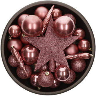 Bellatio Decorations Set van 33x stuks kunststof kerstballen met ster piek oudroze (velvet pink) mix
