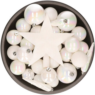 Bellatio Decorations Set van 33x stuks kunststof kerstballen met ster piek parelmoer wit mix