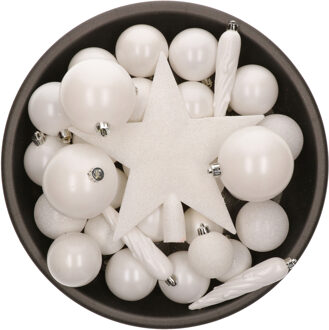 Bellatio Decorations Set van 33x stuks kunststof kerstballen met ster piek parelmoer wit mix