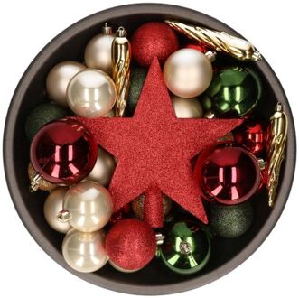 Bellatio Decorations Set van 33x stuks kunststof kerstballen met ster piek rood/groen/champagne mix - Kerstbal Multikleur