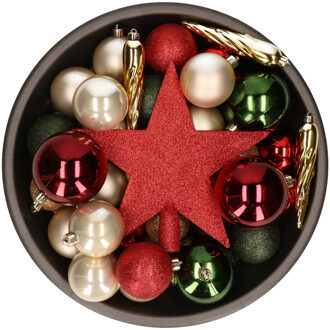 Bellatio Decorations Set van 33x stuks kunststof kerstballen met ster piek rood/groen/champagne mix Multi