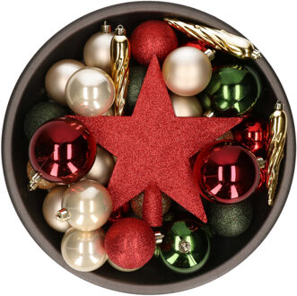 Bellatio Decorations Set van 33x stuks kunststof kerstballen met ster piek rood/groen/champagne mix