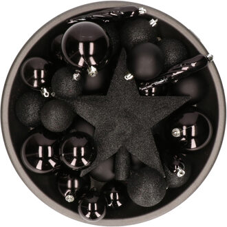 Bellatio Decorations Set van 33x stuks kunststof kerstballen met ster piek zwart mix