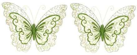 Bellatio Decorations Set van 3x stuks groene vlinders met glitters op clip 34 cm - Vlinders decoraties - Kerstboom versieringen
