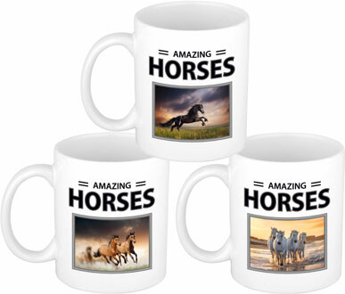 Bellatio Decorations Set van 3x stuks paarden thema drink mokken met dieren foto print van amazing horses - feest mokken Multikleur