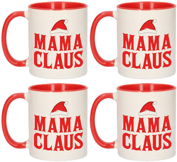 Bellatio Decorations Set van 4x stuks mama Claus cadeau mokken/bekers moeder rood Kerstmis 300 ml - Bekers Wit