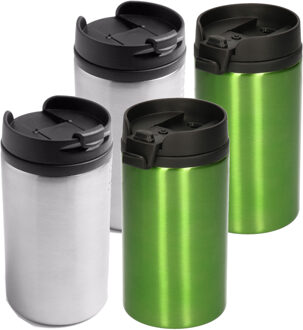 Bellatio Decorations Set van 4x stuks Warmhoudbekers/warm houd bekers metallic grijs en groen 320 ml - Thermosbeker