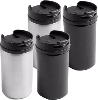 Bellatio Decorations Set van 4x stuks Warmhoudbekers/warm houd bekers metallic zwart en grijs 300 ml - Thermosbeker