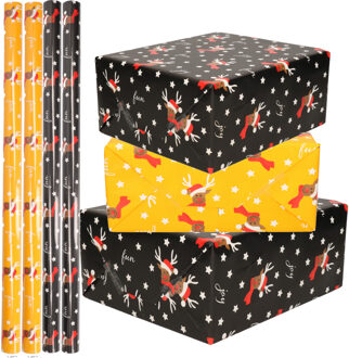 Bellatio Decorations Set van 6x Rollen Kerst inpakpapier/cadeaupapier oker geel/zwart rendieren 2,5 x 0,7 meter - Cadeaupapier