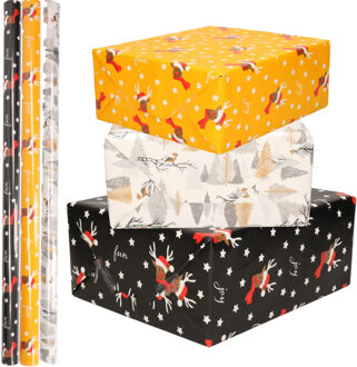 Bellatio Decorations Set van 6x Rollen Kerst inpakpapier/cadeaupapier rendieren /vogels/bomen 2,5 x 0,7 meter - Cadeaupapier