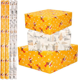 Bellatio Decorations Set van 6x Rollen Kerst inpakpapier/cadeaupapier rendieren/vogels/bomen 2,5 x 0,7 meter - Cadeaupapier