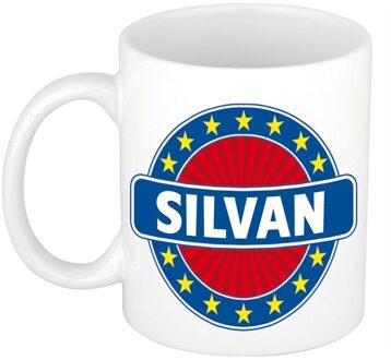 Bellatio Decorations Silvan voornaam koffiemok - beker - wit/blauw - 300 ml - Cadeau - Heren - Collega - Vaderdag