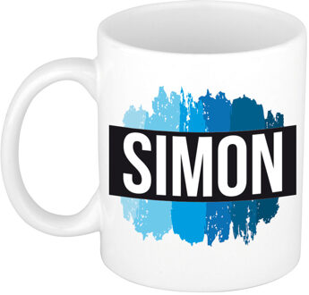 Bellatio Decorations Simon naam cadeau koffie mok - beker - met blauw verfstrepen - Cadeau collega - vaderdag