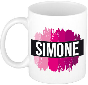 Bellatio Decorations Simone naam cadeau koffie mok - beker - met roze verfstrepen - Cadeau collega - moederdag
