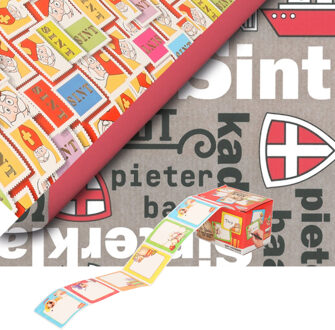 Bellatio Decorations Sinterklaas inpakpapier/cadeaupapier 6x rollen en 50 naam stickers - Cadeaupapier