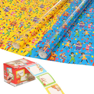 Bellatio Decorations Sinterklaas inpakpapier/cadeaupapier 8x rollen en 50 naam stickers - Cadeaupapier