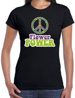 Bellatio Decorations Sixties Flower Power verkleed shirt zwart met groen en paars dames L