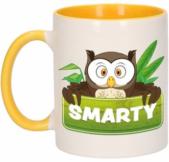 Bellatio Decorations Smarty mok - geel/wit - keramiek - 300 ml - kinder beker uil
