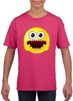 Bellatio Decorations Smiley/ emoticon t-shirt geschrokken roze kinderen L (146-152)