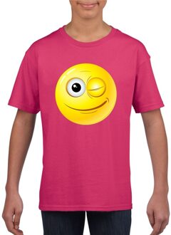 Bellatio Decorations Smiley/ emoticon t-shirt knipoog  roze kinderen L (146-152)